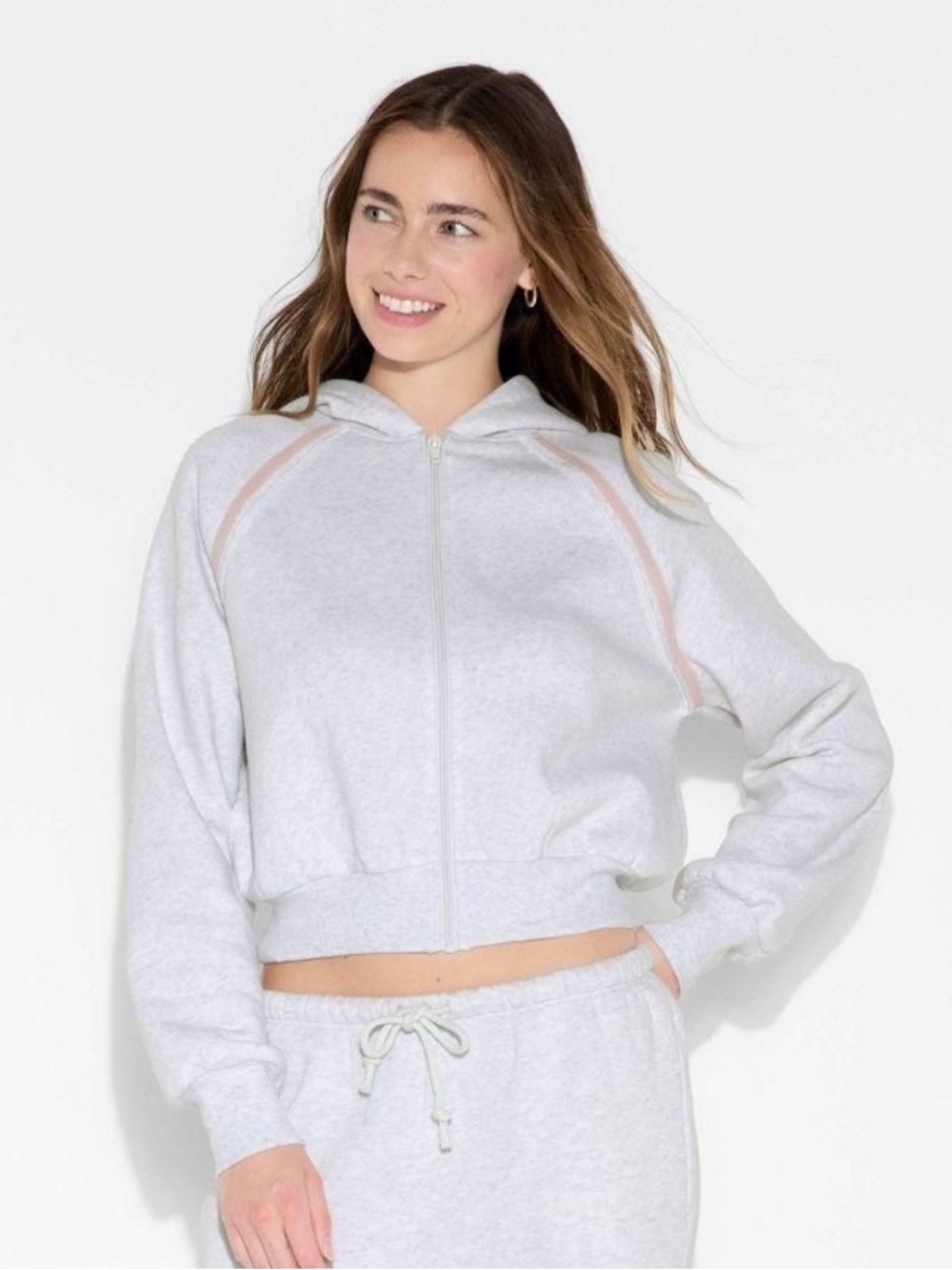 wild fable Light Gray Zip Hoodie with Pink Contrast Piping